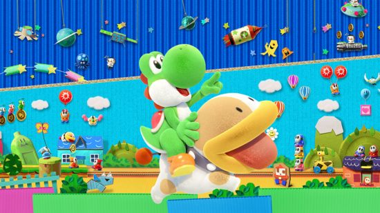 Best Nintendo Switch games for kids: Yoshi rides a dog in Yoshi's Crafted World