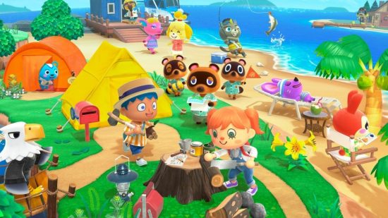 Best Nintendo Switch games for kids: villagers pf Animal Crossing: New Horizons all together on an island