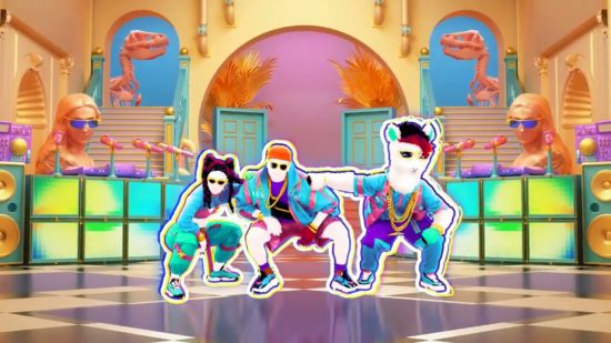 Best Nintendo Switch games for kids: Three dancers crouch during a dance routine in Just Dance 2022