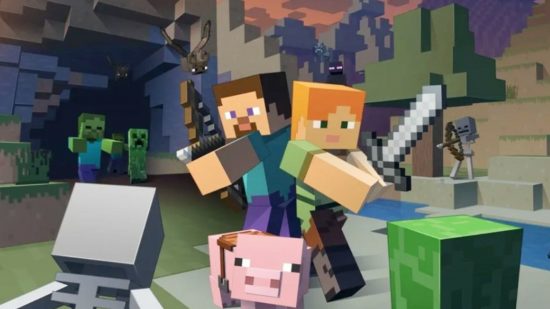 Best Nintendo Switch games for kids: two Minecraft players and a pig ready for battle
