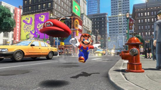 Best Nintendo Switch games for kids: Mario punches the air in a street in Mario Odyssey