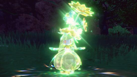 Pokemon Scarlet and Violet terastallize: A Lilligant terastallizes and is bathed in glowing green light