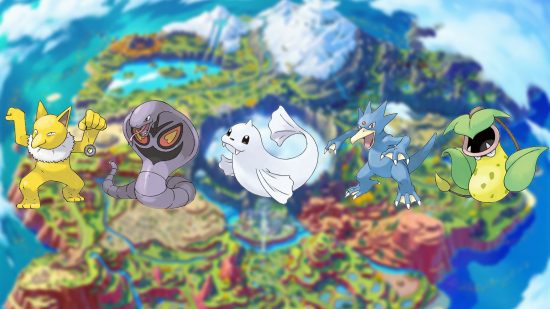 Pokemon Scarlet and Violet Paldean forms: Hypno, Arbok, Dewgong, Golduck, and Victreebell on top of a blurred out image of the Paldea region map 