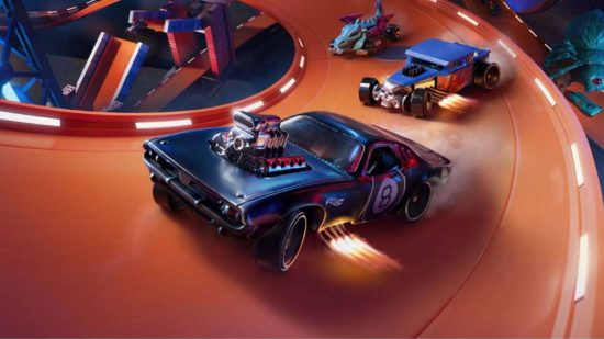PS5 racing games: A hotwheels car careers around an orange track in Hot Wheels Unleashed