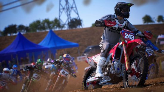 PS5 racing games: motorcross riders racing around a track in MXGP 21