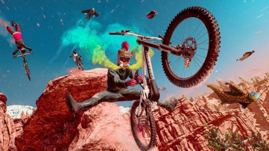 PS5 racing games: a stuntman wearing a mask with flares jumps off a cliff on a BMX in Riders Republic