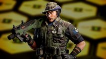 Rainbow Six Siege Operatoin Brutal Swarm release date: an image of Grim on a blurred honeycomb background