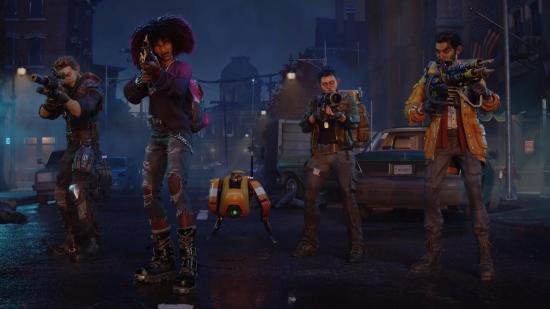 Redfall Characters: Layla, Remi, Devinder, and Jacob can all be seen in a street aiming their weapons