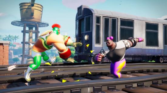 Rumbleverse Crossplay and Cross-platform support: Two fighters can be seen fighting on train tracks