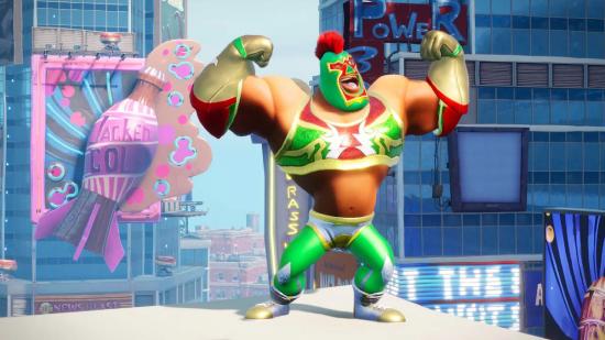 Rumbleverse Free To Play: A wrestler can be seen on a rooftop
