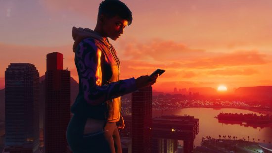 Saints Row Invite Your Friends To Your Game: The Boss can be seen looking at her phone on a rooftop