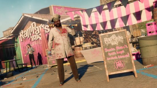 Saints Row Make Game Private: A character can be seen in front of stalls in a bloody outfit