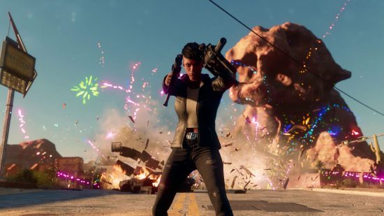 Saints Row review: The Boss can be seen holding two weapons with fireworks going off in the background
