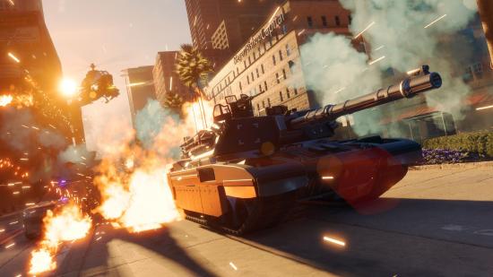 Saints Row Side Hustles: A tank can be seen rolling through the streets of Santo Illeso