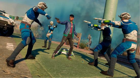 Saints Row Threats: The Boss can be seen being aimed at by four Marshall soldiers