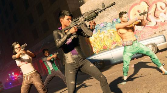 Saints Row Weapons: Neenah, Eli, Kevin, and The Boss can be seen aiming weapons at something off-screen