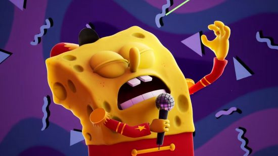 Spongebob the cosmic shake memes: SpongeBob Squarepants singing into a microphone