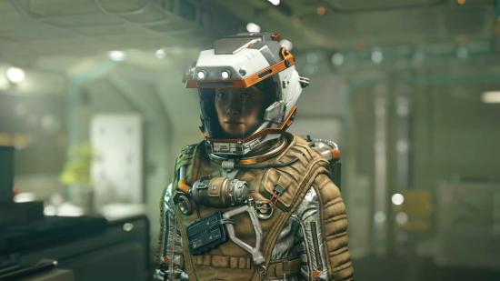 Starfield Xbox Game Pass: A Starfield character in a brown space suit with a white helmet