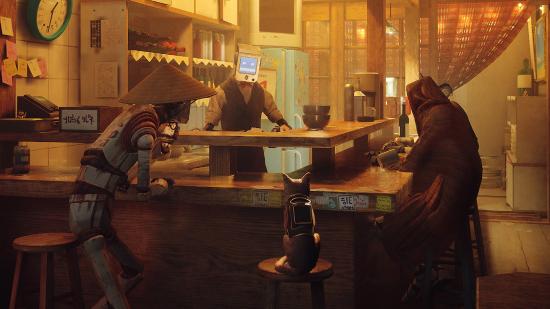 Stray speedrun Update 1.03 patch notes: the Stray cat sat on a bar stool, surrounded by robotic figures