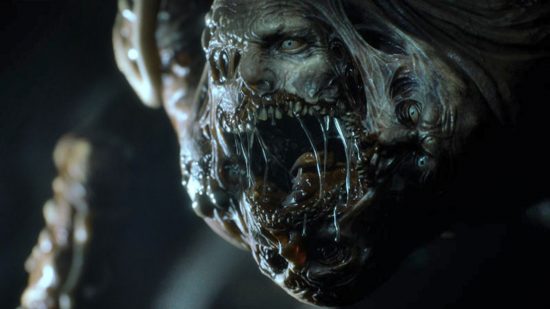 The Callisto Protocol gameplay: A gory face of a zombie-like alien creature