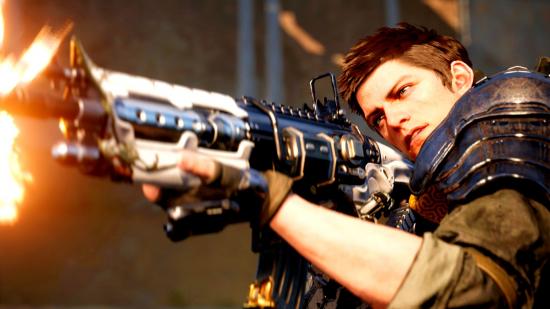 The First Descendant release date: an image of a man holding a sci-fi assault rifle