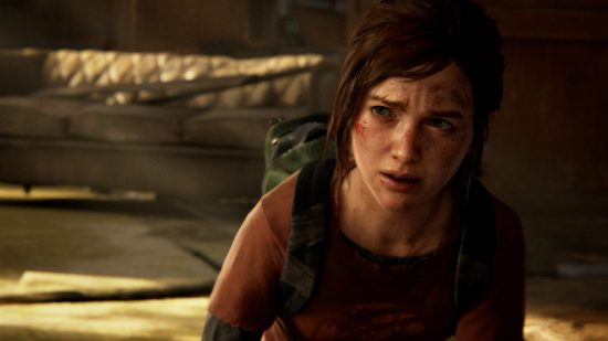The Last of US PS5 remake PlayStation cosmetics: Ellie, crouched on the floor, looks up with a pained expression