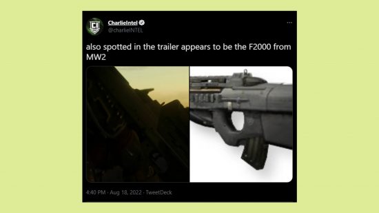 Warzone Season 5 trailer time jump: an image of a tweet showing an F2000 in the trailer