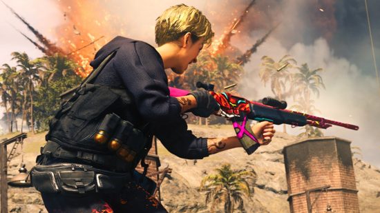 Warzone Season 5 update: A blonde haired operator aims her weapon as an explosion goes off in the background