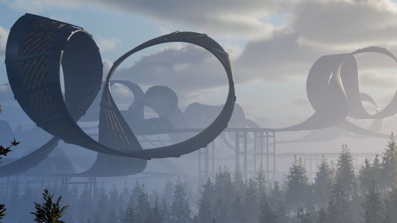 Wreckreation Player Races: A large spiral of track pieces and loops can be seen over a forest