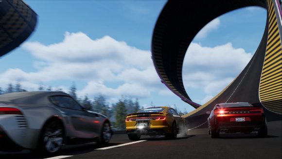 Wreckreation Player Races: Multiple cars can be seen racing across a custom-built track