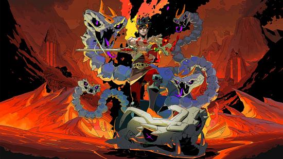 Xbox Game Pass Hades: Official artwork for Hades, which sees a man holding a sword surrounded by rock snakes