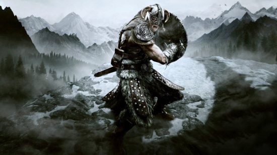 Xbox open world games: A Skyrim soldier readies his sword and shield