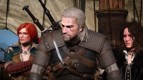 Xbox open world games: Geralt on a boat with Yennefer and Triss in Witcher 3