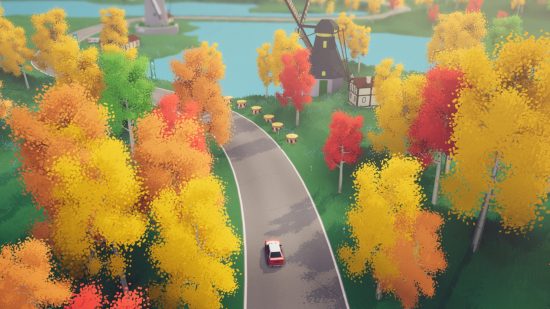 Xbox racing games: a car drives along a road flanked by trees and a windmill in Art of Rally
