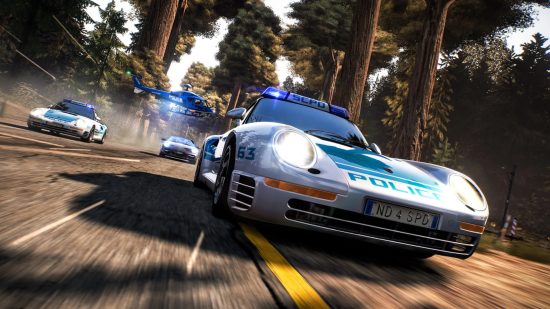 Xbox racing games: two juiced police cars race down a highway in pursuit of someone in Need For Speed Hot Pursuit