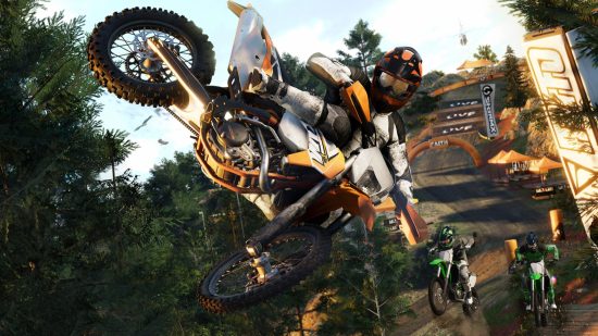 Xbox racing games: A motorcyclist does a stunt in the air in The Crew 2