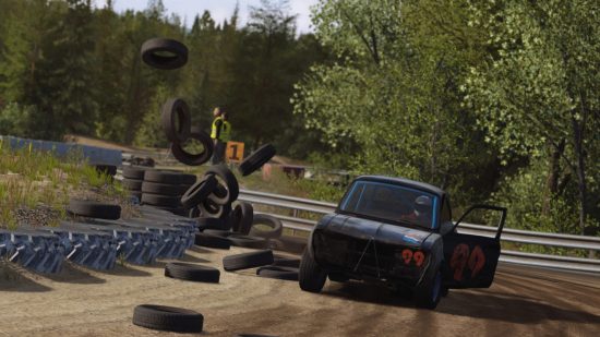 Xbox racing games: A car crashes into some tyres in Wreckfest