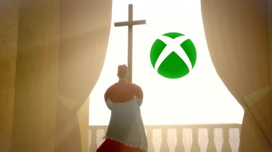 Xbox rewards Microsoft: A man in red and white robes lifts a religious cross up to the sky, where the Xbox logo is floating