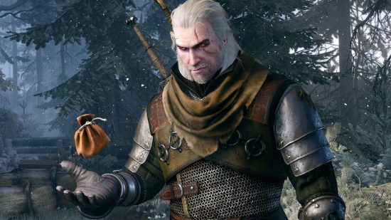Xbox RPG games: Geralt tosses a bag of coins in the air in The Witcher 3