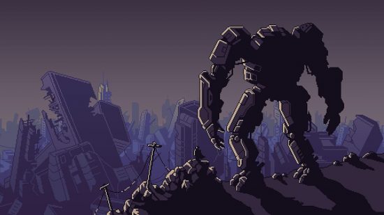 Xbox strategy games: A mech stands on a cliff overlooking a ruined city in Into the Breach
