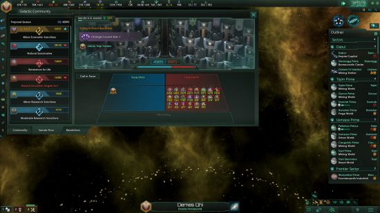 Xbox strategy games: a Stellaris screen showing a senate in session and the voting happening