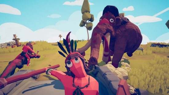 Xbox Strategy games: A dead player in a battlefield, next to a mammoth in totally accurate battle simulator