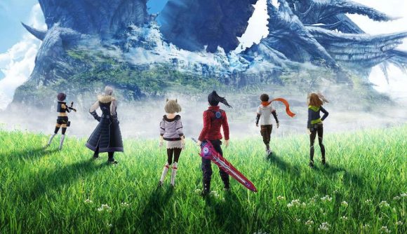 Xenoblade Chronicles 3 Review: Noah, Mio, Taion, Eunie, Lanz, and Sena can be seen overlooking the landscape