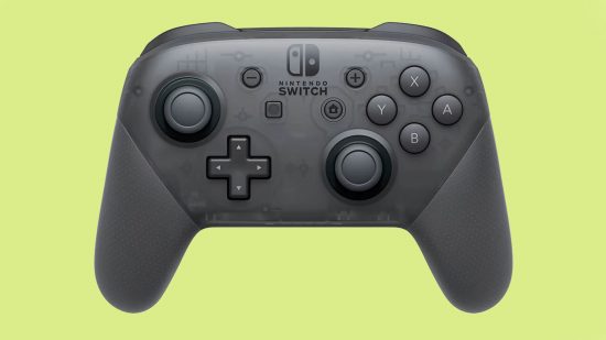 A Nintendo Switch Pro controller against a lime green background