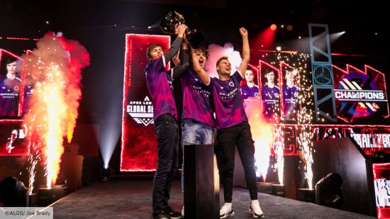 ALGS Year 3: Apex Legends players from DarkZero Esports lift the ALGS trophy as sparks and flames shoot out from the stage