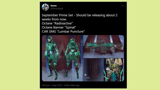 Apex Legends Prime Gaming September rewards: an image of a Tweet showing the new Octane skin and CAR SMG cosmetics