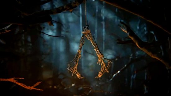 Assassin's Creed Infinity Hexe Witch Trials setting: an image of an AC logo made of twigs