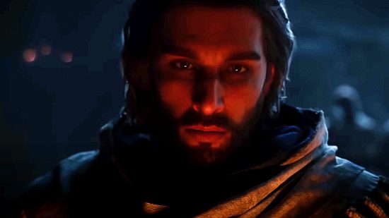 Assassin's Creed Mirage Basim djinn Loki: an image of Basim looking into the orange glow of a fire