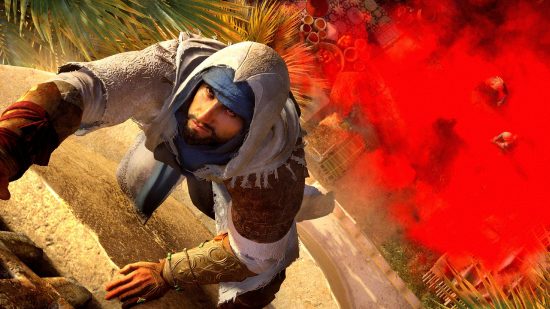 Assassin's Creed Mirage trailer hidden viking: an image of Basim scaling a wall