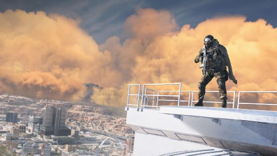 Call of Duty Warzone 2 Season 1 Release Date: A player can be seen overlooking Al Mazrah and on a large building